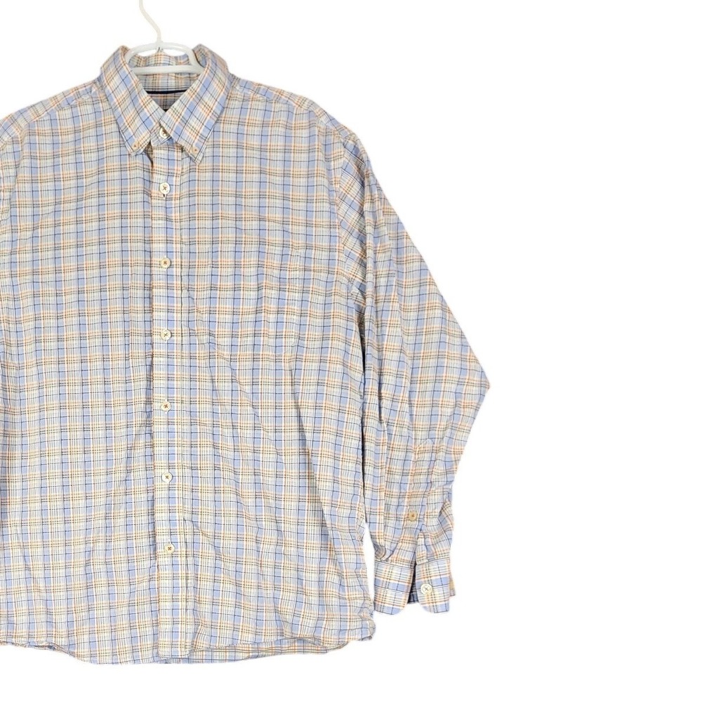 Orvis Mens Plaid Button Down Long Sleeve Shirt Active Fit Large Blue Beige